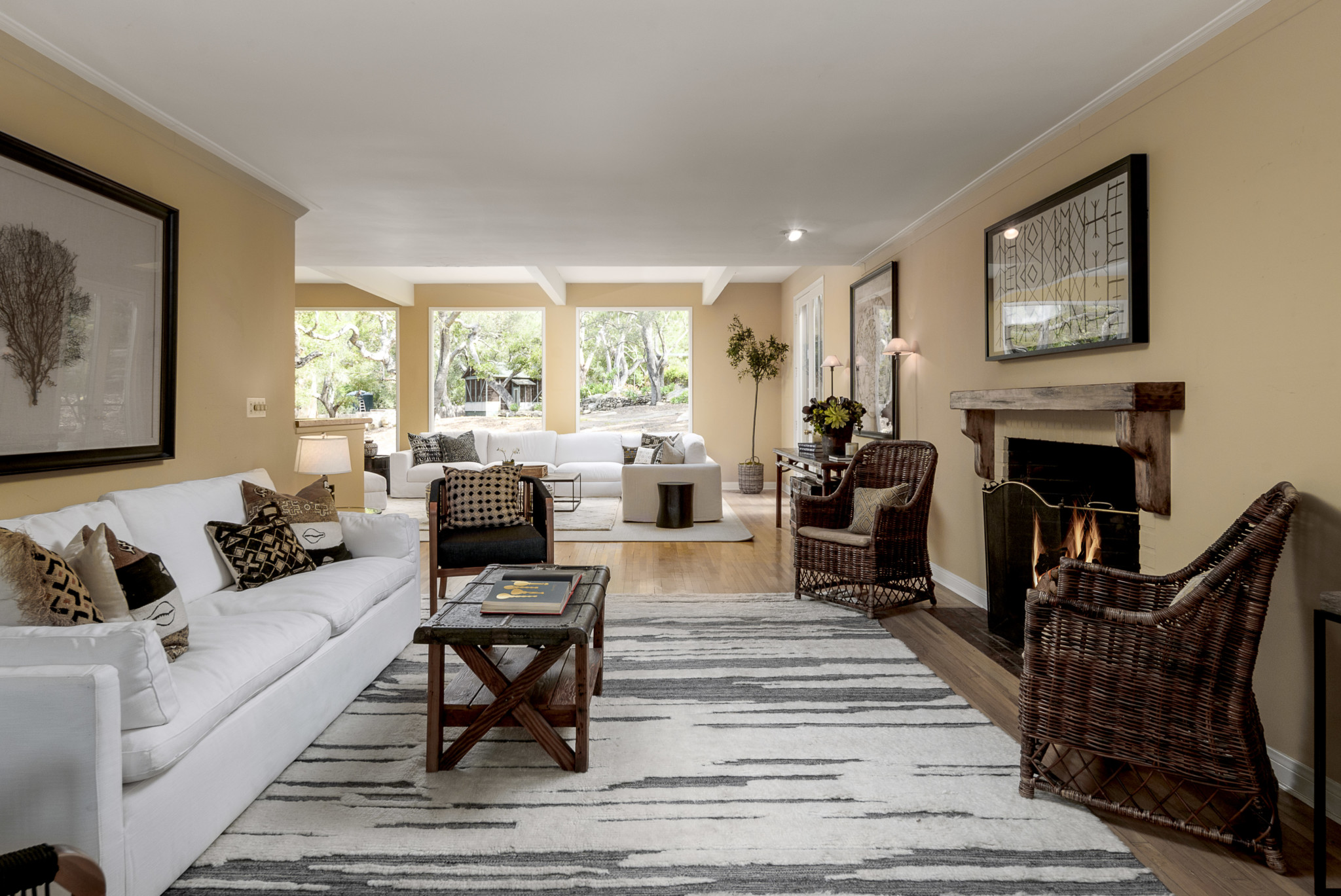 Family room with mid-century boho furniture